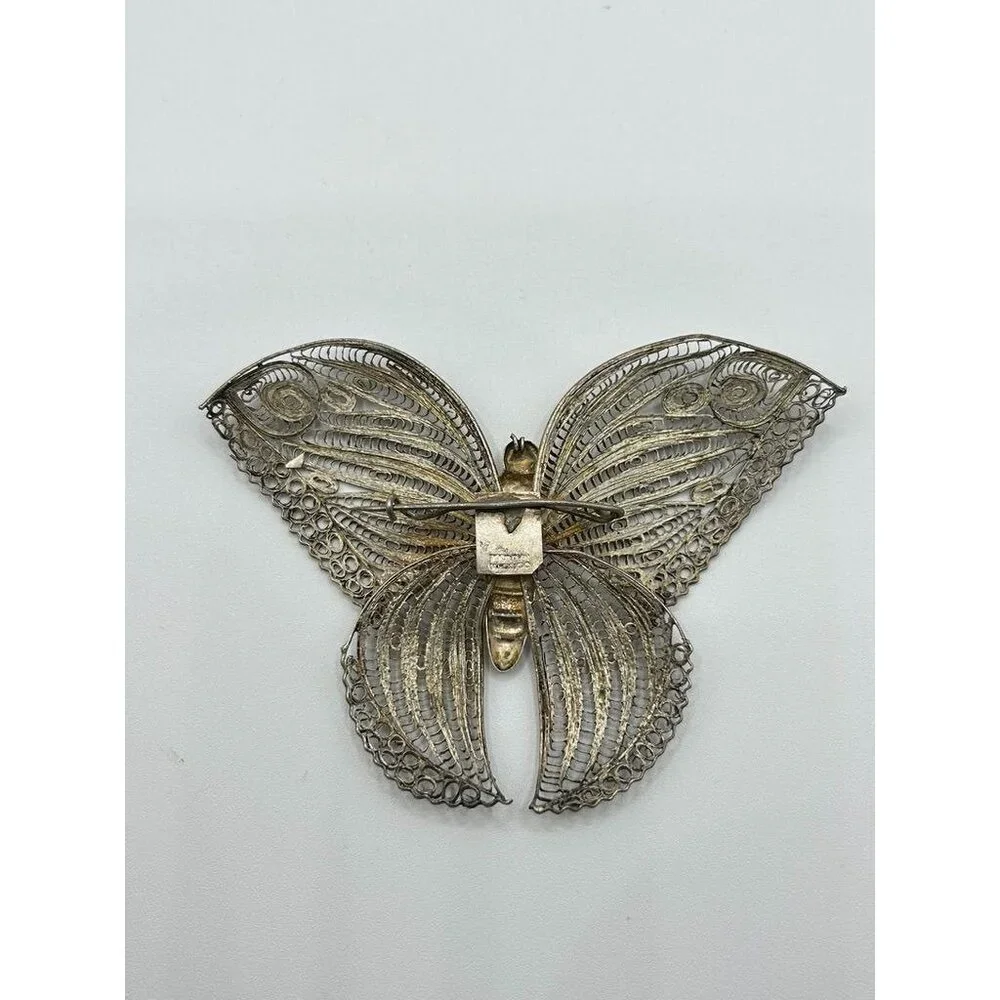 Vintage Mexican Silver Filigree Butterfly Brooch Pin - Picture 2 of 9